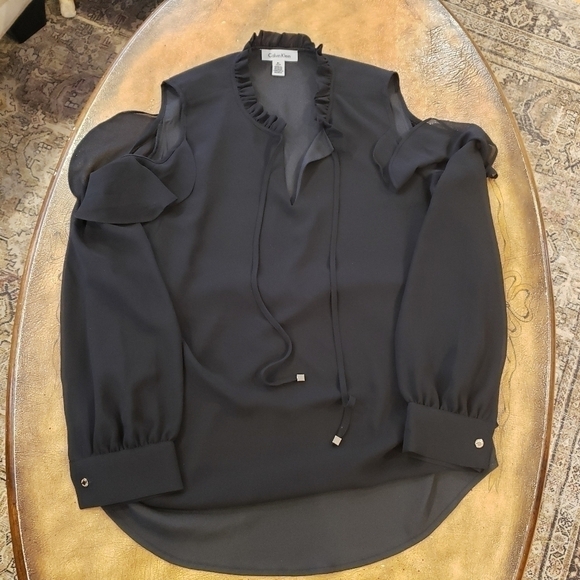 Calvin Klein Long Sleeve Cold Shoulder Blouse with Ruffles and Tie Front - Picture 2 of 12